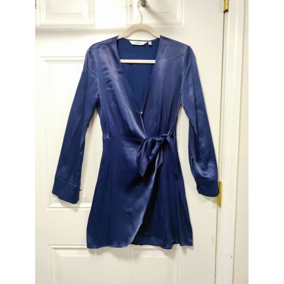 & Other Stories Paris Atelier Blue Satin Wrap Dress Long Sleeve VNeck Tie Waist - Picture 3 of 13